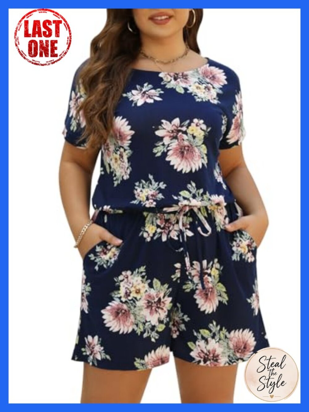 Plus Size Floral Romper Short Sleeve Elastic Waist Pockets Casual Summer